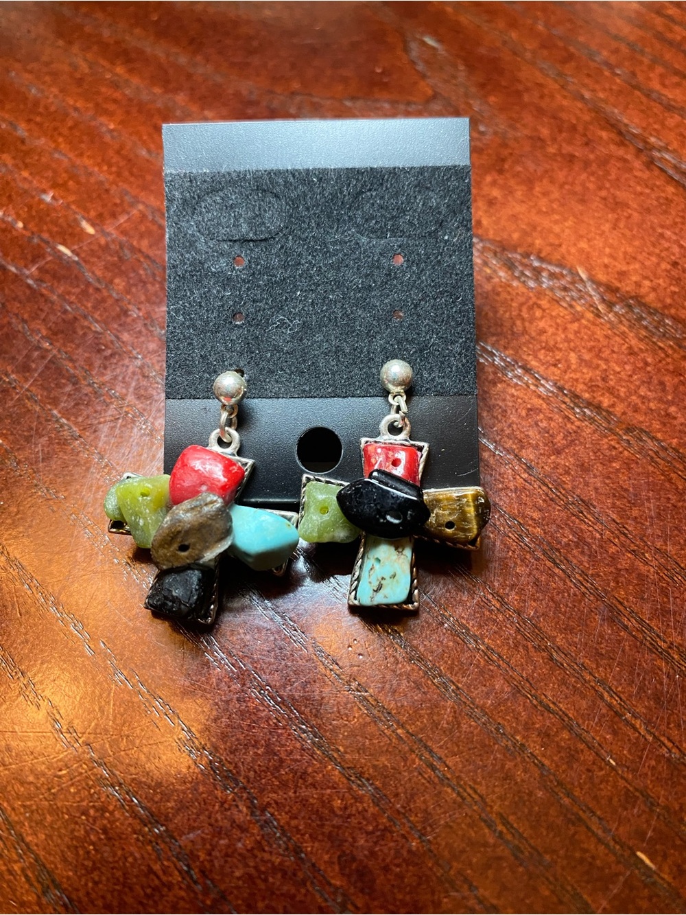 Multi-Stone Cross Drop Earrings in Red, Turquoise & Black